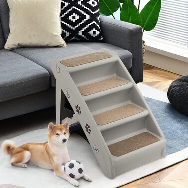 Сходинки для домашніх тварин GYMAX з 4 сходинками, складані, з пластику, з неслизькими підкладками, 4 килимками та трикутною структурою, для котів та собак (сірий)