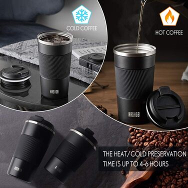 Термокружка HASAGEI з нержавіючої сталі 380 мл, чорна: термоізоляція, без витоку, для кави, чаю та води