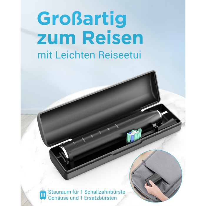 Електрична звукова зубна щітка для дорослих - відбілювання, ультразвукова, з кейсом для подорожей та зарядною станцією, 8 насадок, 5 режимів чищення (Чорна)