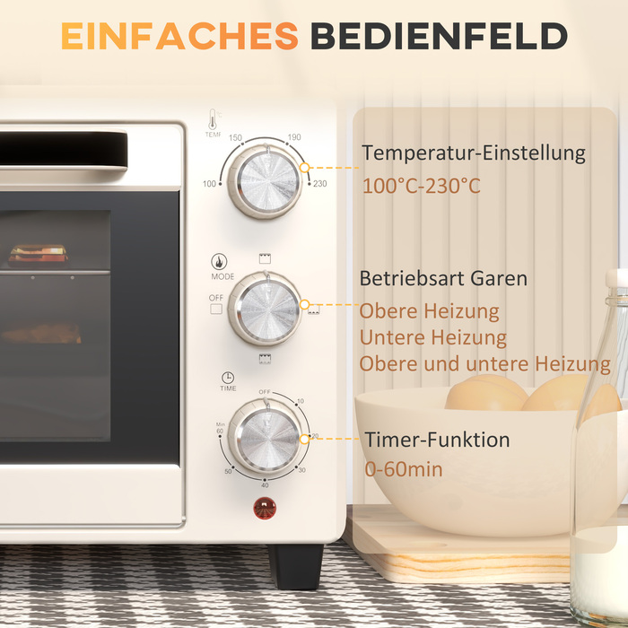 HOMCOM Mini Oven with Rotisserie, Small Oven 21L Toaster Oven with 1 Wire Rack and 1 Baking Tray, 3 Cooking Modes, 100°C-230°C, Stainless Steel, Glass, Cream White