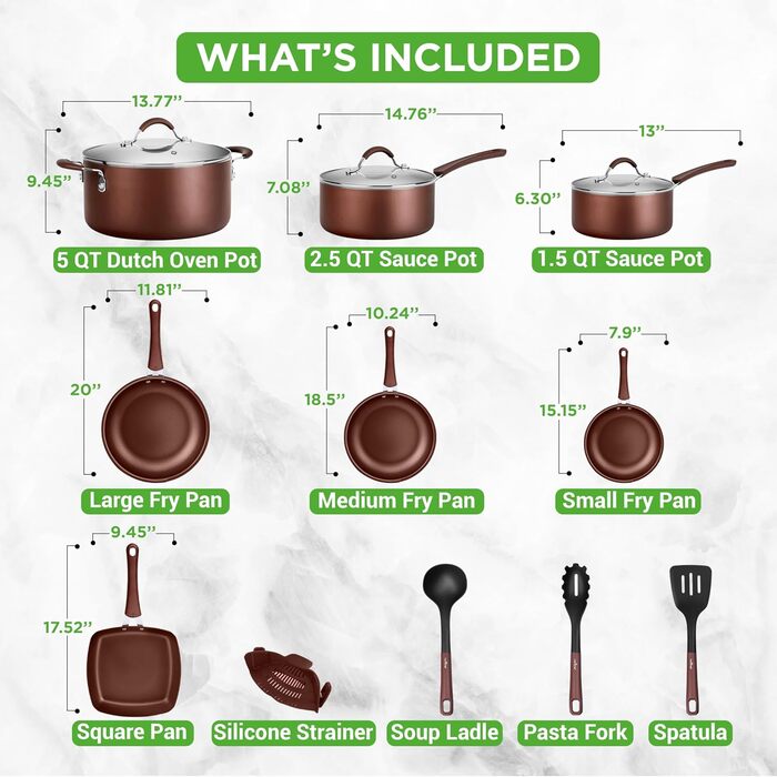NutriChef 20-Piece Cookware Set - Pot Set, Frying Pan Set & Baking Set Non-Stick | PFOA/PFOS-Free | Induction Pots & Pans, Round Cake Pan, Loaf Pan, Casserole Dish, Muffin Tin, Baking Sheet Brown