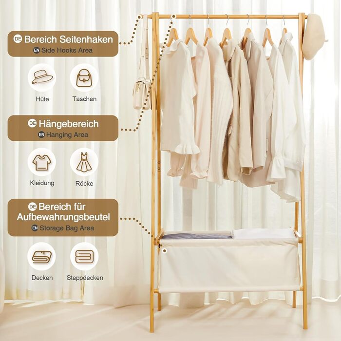 Легкий стійкий вішак для одягу Yorbay з бамбука з сумкою для зберігання, 149 см, натуральний колір