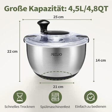 Салатниця-відцентрофуга Groß 4,5L з нержавіючої сталі 18/10 з прозорою кришкою, чорна