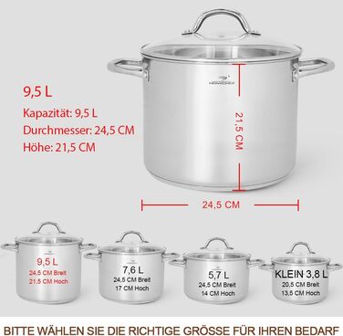 Нікель-вільний каструля HOMICHEF 9,5 л з кришкою, індукційна, нержавіюча сталь, 24,5 см, високий блиск, для супу та перших страв, срібляста