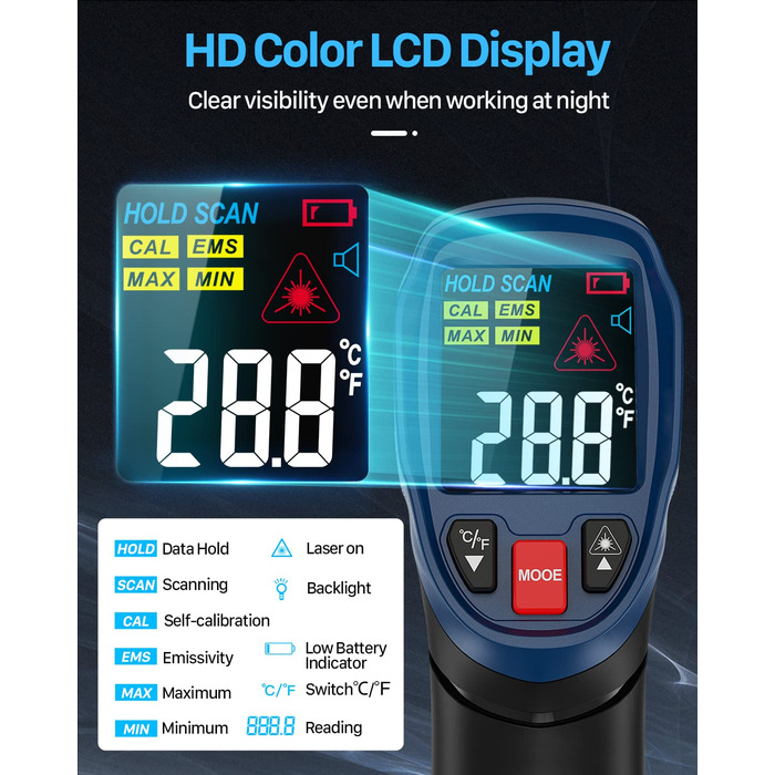 Інфрачервоний термометр Eventek -50°C до 600°C з лазером, регульований коефіцієнт випромінювання, цифровий, для гриля, піци, кухні, промисловості