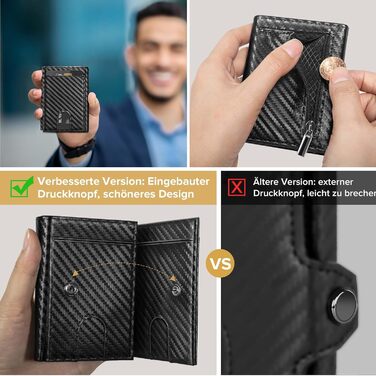 Чоловічий гаманець UNOSEKS: RFID захист, картхолдер, slim дизайн, відділення для монет, картки, ID, з алюмінію (карбон, чорний)