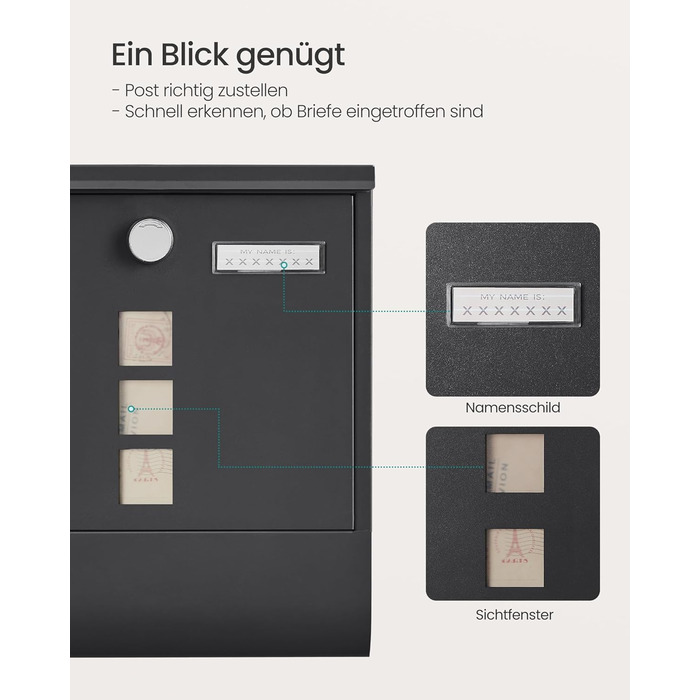 Поштова скринька SONGMICS з замком, оглядовим вікном та відділенням для газет, сіра, 10x30.8x33.8 см (GMB20AG)