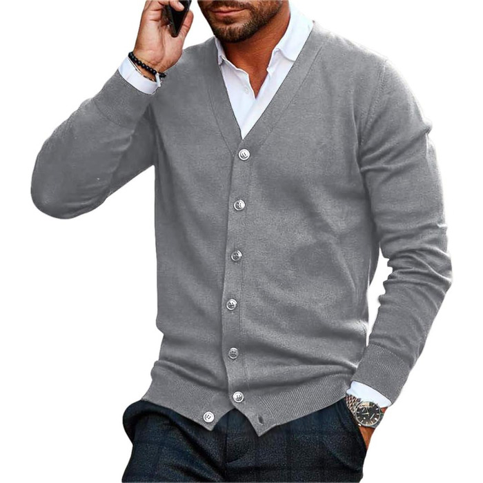 Чоловічий в'язаний кардиган Runcati без коміра V-подібний виріз, легка перехідна куртка сірого кольору, розмір M