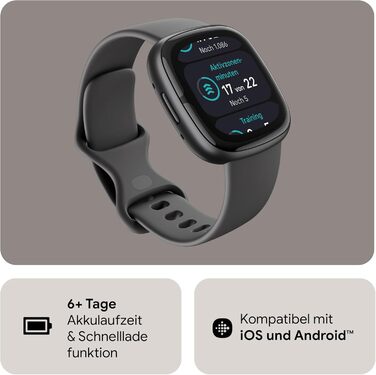 Fitbit Sense 2 – Розумний годинник для жінок та чоловіків – Фітнес-трекер з GPS, телефоном, аналізом стресу, ЕКГ та сном – сумісний з Android/iOS (Графіт / Алюміній)