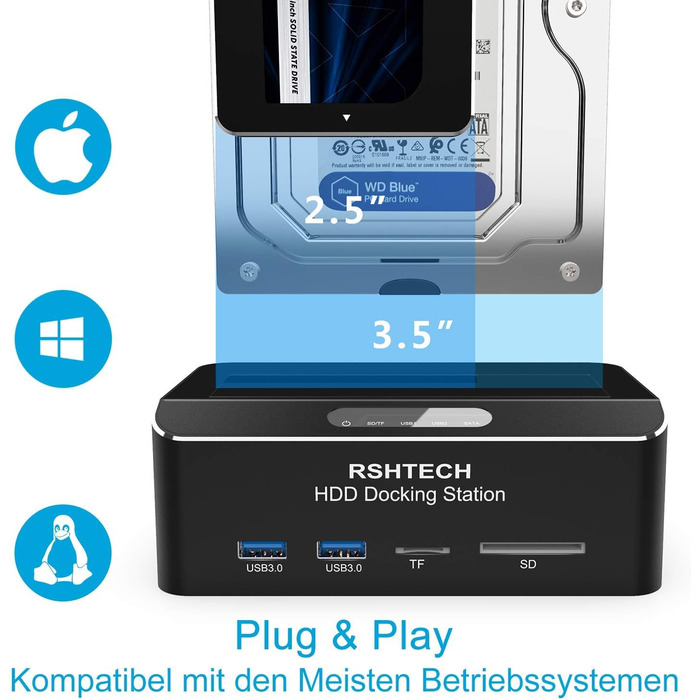 Док-станція для жорстких дисків RSHTECH з двома відсіками, USB 3.0, алюміній, підтримка 2.5/3.5