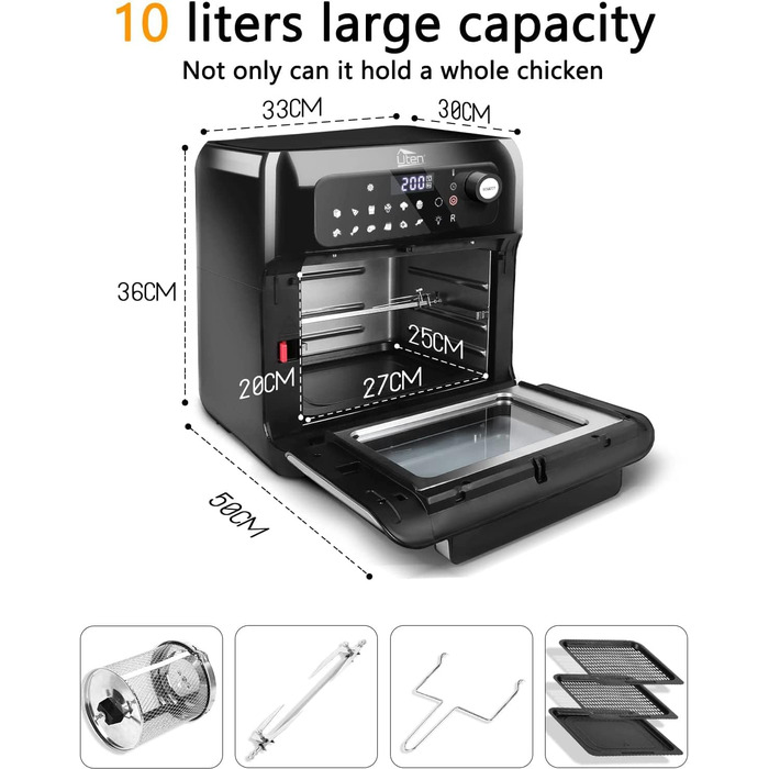 Аерофритюрниця Uten XXL 10 л, 1500 Вт, 12-в-1, цифровий LED-дисплей, сенсорне керування, нержавіюча сталь, з аксесуарами та рецептурником, чорна