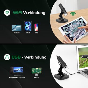 Цифровий мікроскоп WADEO USB HD з 50x-1600x збільшенням, портативна інспекційна камера, кабельне ручне збільшення з 8 LED та стійкою, сумісний з iOS, Android та планшетами (1080P)