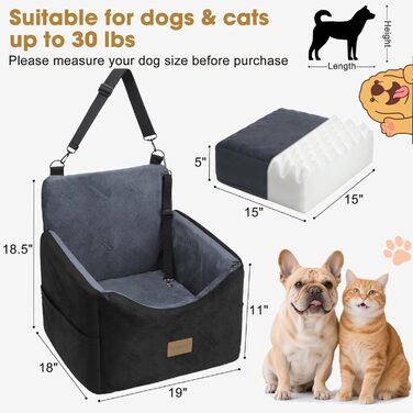 Автокрісло для собак JOEJOY: комфортне та безпечне автокрісло для маленьких та середніх собак до 13,6 кг, знімний та миючий чохол та подушка з Memory Foam, з фіксатором безпеки, сірого кольору