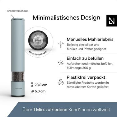 Мельниця для перцю ручна LARS NYSØM з регульованим керамічним жорном, 28.8 см | Мельниця для солі та перцю | 1 шт. (XL, небесно-блакитний)
