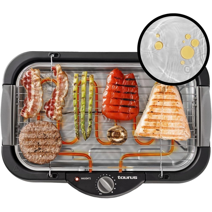 Тaurus Steakmax 2200 – гриль-плита з антипригарним покриттям, без PFOA, 2200 Вт, велика поверхня 49 x 27 см, легке очищення, піддон для жиру, неслизькі ніжки, Чорний, для приготування стейків