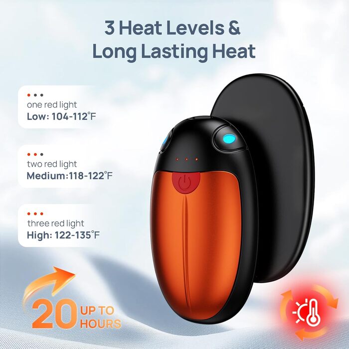 Електричні грілки для рук, набір 2 шт., USB, 20 годин тепла, 3 температурні режими, для спорту та хвороб Рейно, помаранчеві