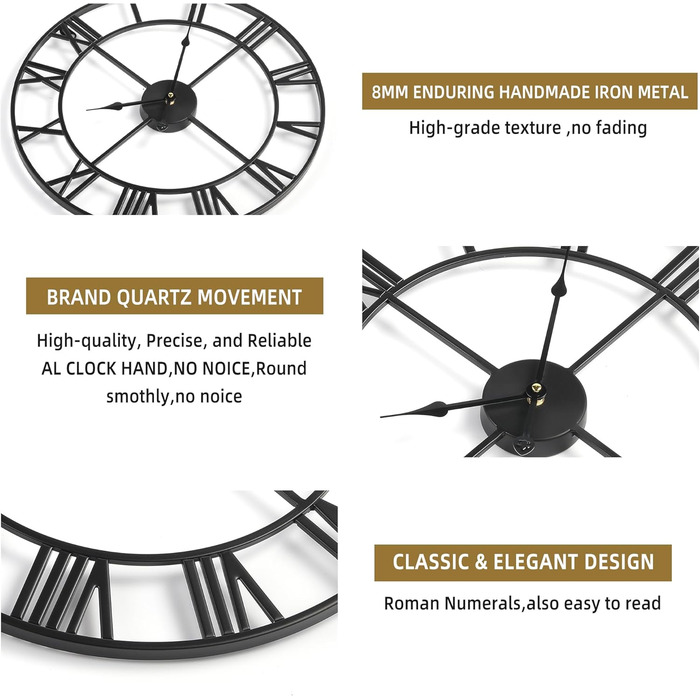 Mee 2ou Wall Clock Modern Nearly Silent Without Ticking - 40cm Diameter Roman Numeral Wall Clocks Modern Living Room Wall Clock Vintage For Bedroom Kitchen Office Country Style Industrial Style