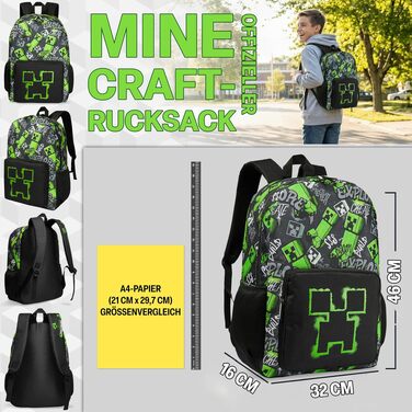 Дитячий рюкзак Minecraft Creeper для хлопчиків, шкільний рюкзак для спорту та прогулянок з відділеннями на блимавці, чорний, 40 x 29 x 17 см