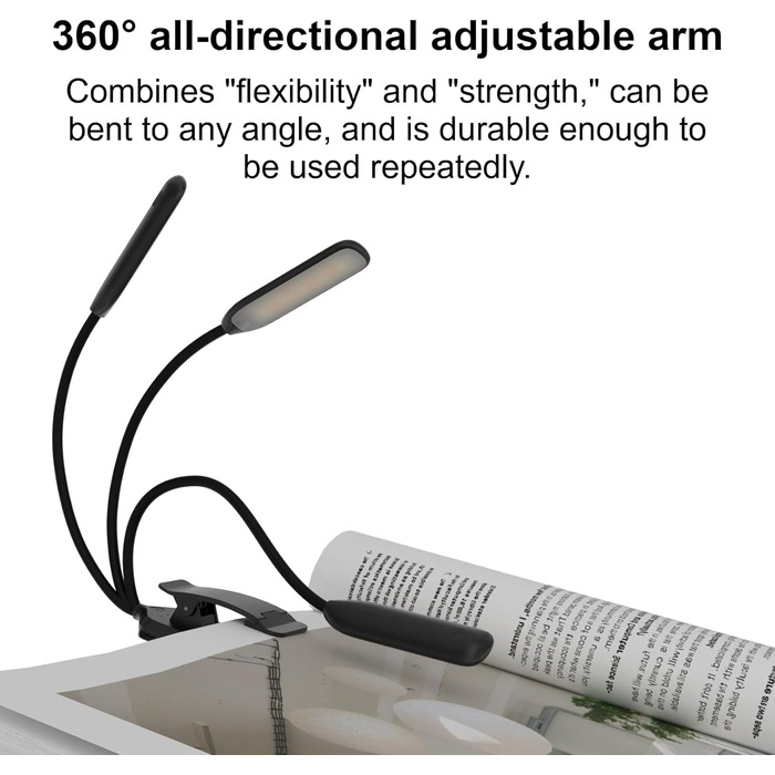 LED лампа для читання з кліпсою, USB перезарядна, 3 режими температури кольору, регульована яскравість, 360° гнучкий світильник для ліжка, столу та подорожей, білий (чорний)