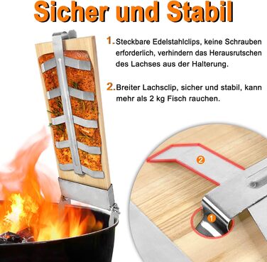 Набір дощок для запікання лосося NAIZY з кедра з тримачем із нержавіючої сталі, 5 рівнів регулювання, для вогнища та гриля, 2 шт.