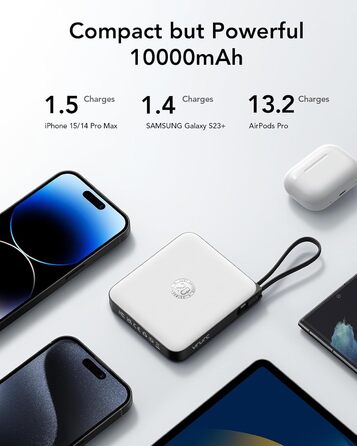 Power Bank VRURC 10000mAh з кабелем: компактний акумулятор USB-C, 22.5W, LED-дисплей, сумісний з iPhone та Huawei (зелений)