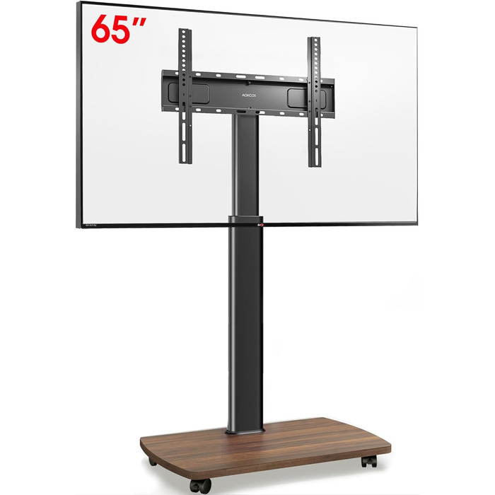 AOKCOS Rolling TV Stand with Wood Shelf - Adjustable Height & Swivel - VESA 400x400 - Holds 32-65 Inch TVs up to 40kg