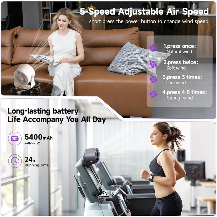 Перезаряджуваний USB-настільний вентилятор з цифровим дисплеєм, 5-рівневий тихий вентилятор, регульований на 90°, настільний вентилятор для спальні, кухні, кемпінгу, офісу (Хакі)