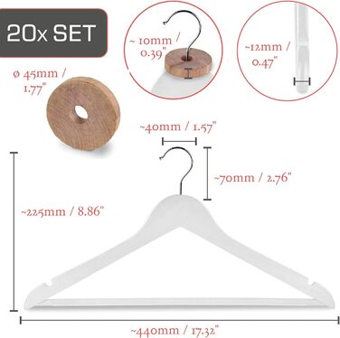 Набір з 20 дерев'яних вішалок для одягу Sjard з кільцем з кедру, захист від молі, з перекладиною для штанів, сертифікат FSC®