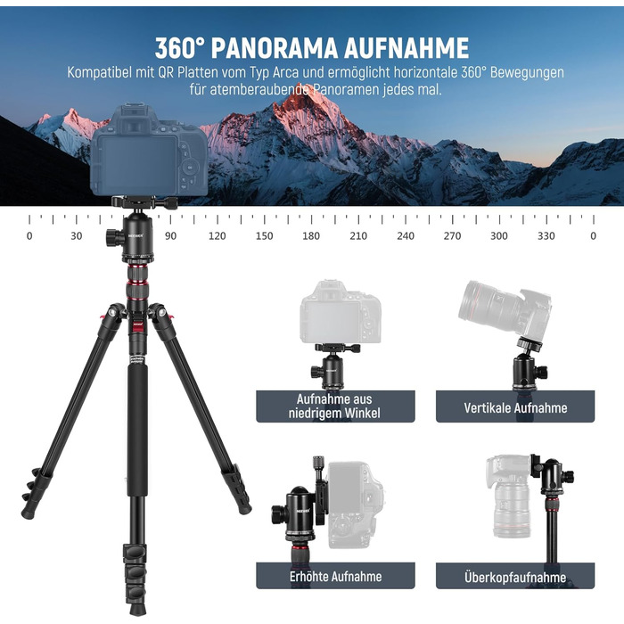 Штатив NEEWER 77' з алюмінію, монопод для DSLR та телефону, 360° кулькова головка, 2-осьова центральна колона, Arca QR пластина, сумка, портативний, вантажопідйомність 15,4 кг, TP77