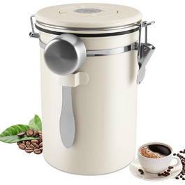 Герметична кавова банка з нержавіючої сталі 304, 1.8 л, з ложкою та індикатором свіжості для кави, чаю, горіхів, какао (біла)