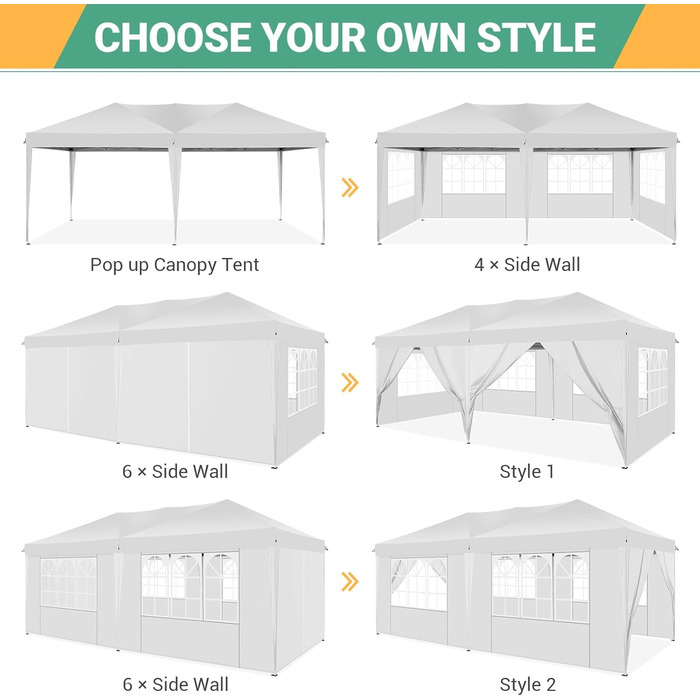 COBIZI Pop-up Pavilion 3x3, Folding Pavilion 3x3 Waterproof, Stable, Winterproof |8X Pegs|4X Wind Rope|UV Protection 50+|High Density Tarpaulin| Pavilion Foldable 3x3m Party Tent Foldable Pavilion 3x3 Garden Pavilion (White, 3x6m with 6 Side Walls)