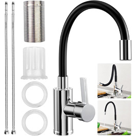 Чорний кухонний змішувач з гнучким виливом, 360° поворот, однорідний, з економічним аератором, нержавіюча сталь