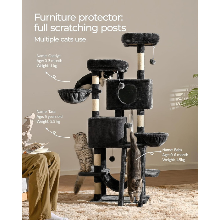 Драбина-кіготь для котів FourFurPets 160 см, активний комплекс з платформами, печерами, гамаками та сизалевою драбиною, сірий