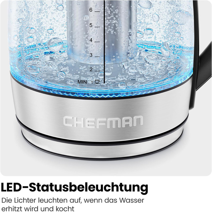 Chefman Electric Glass Kettle - 1.8L with Temperature Control, Stainless Steel, Removable Infuser, Auto Shutoff, LED Display, Silver - Tea Kettle
