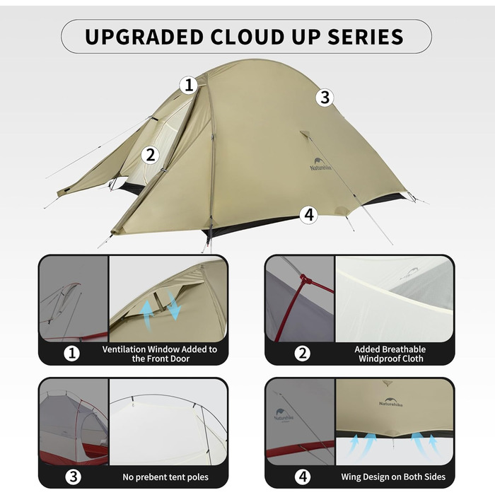 Намет Naturehike Cloud Up Pro 2 особи, експедиційний, вітро- та водонепроникний, хакі