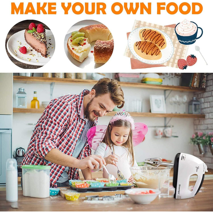 Ручний міксер з 7 швидкостями та набором з 5 насадок з нержавіючої сталі - для випічки, приготування тіста, кексів та тортів