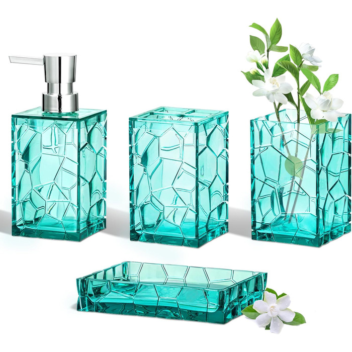 HBlife Bathroom Accessories Set, blue-green, Acrylic, Bathroom Countertop Set with Toothbrush Holder, Soap Dispenser, Cup, Soap Dish, turquoise, Boho, modern bathroom decor, ideal gift choice