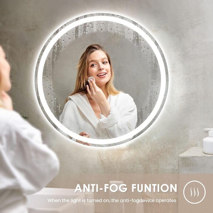 Дзеркало для ванної кімнати Dripex круглої форми з підсвічуванням LED, сенсорне керування, регулювання яскравості, 3 кольори світла, запобігання запотіванню, 60x60 см (Bluetooth, запобігання запотіванню, 3 кольори, регулювання яскравості)