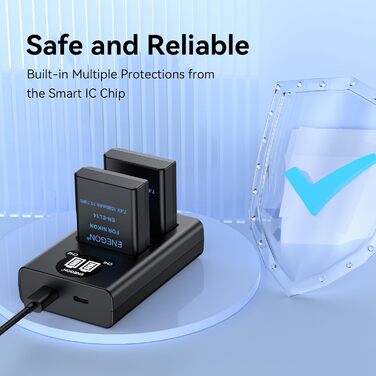 Запасний акумулятор ENEGON EN-EL14/EL14a (2 шт.) та розумне LED Dual USB зарядне пристрій для Nikon DSLR D3100, D3200, D3300, D3400, D3500, D5100, D5200, D5300, D5500, D5600, DF Coolpix P7000, P7100, P7700, P7800