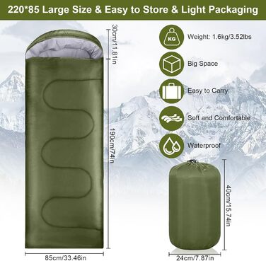 Зелений спальний мішок 220x85 см, водонепроникний, 3 сезони, 1.6 кг, для дому та відпочинку на природі