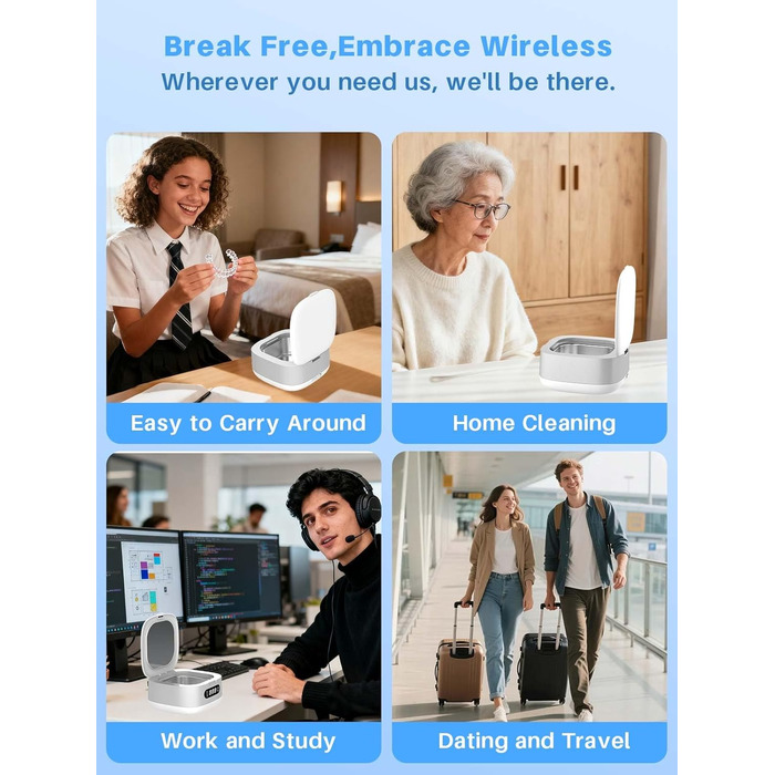 Ультразвуковий очищувач Voraiya 4000mAh IPX7 для зубних протезів, брекетів, кап, ювелірних виробів, срібла - портативний, акумуляторний