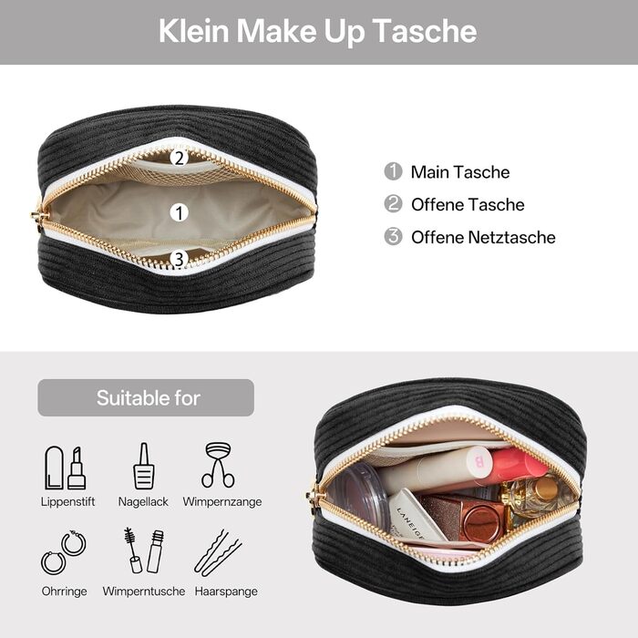 Косметичка для жінок Kalidi з корду, містка, з відділеннями, металева блискавка, для подорожей, темно-зелений (чорний)