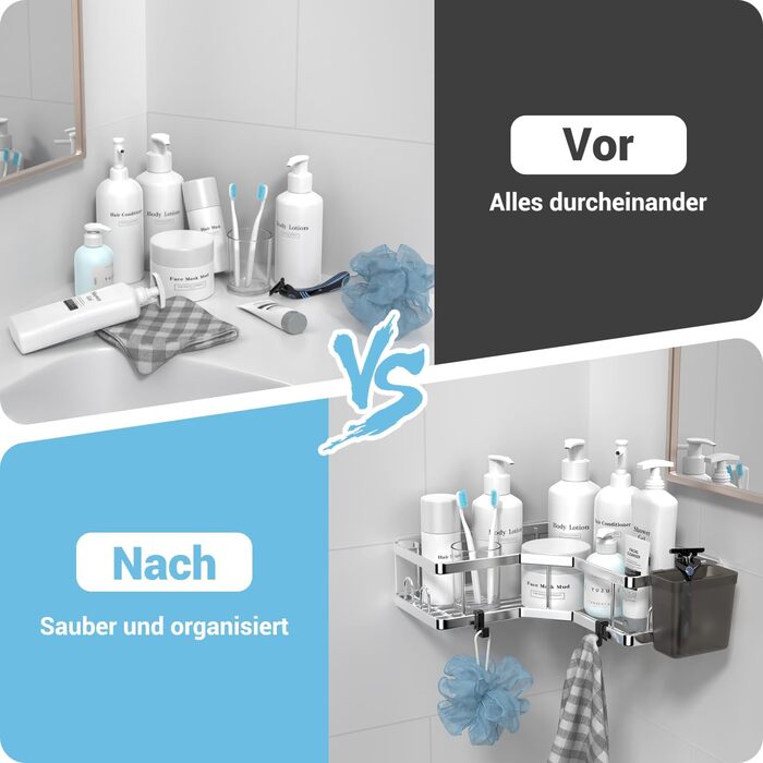 FINIBO Shower Shelf No Drilling, 2 Pack Self-Adhesive Corner Shelf Bathroom Organizer, Shower Shelf Stainless Steel with 4 Hooks and 2 Toothpaste Holders, Black Shower Shelf Shower Basket for Bathroom Kitchen