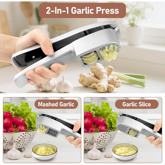 Прес для часнику з нержавіючої сталі 2-в-1, подрібнювач та шинковка часнику та імбиру, прес для часнику, ручний, легкий у чищенні, сумісний з посудомийною машиною, міцний, срібний