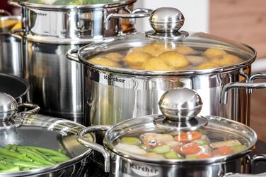 Karcher 14-Piece Stainless Steel Cookware Set with Glass Lids - Induction Compatible