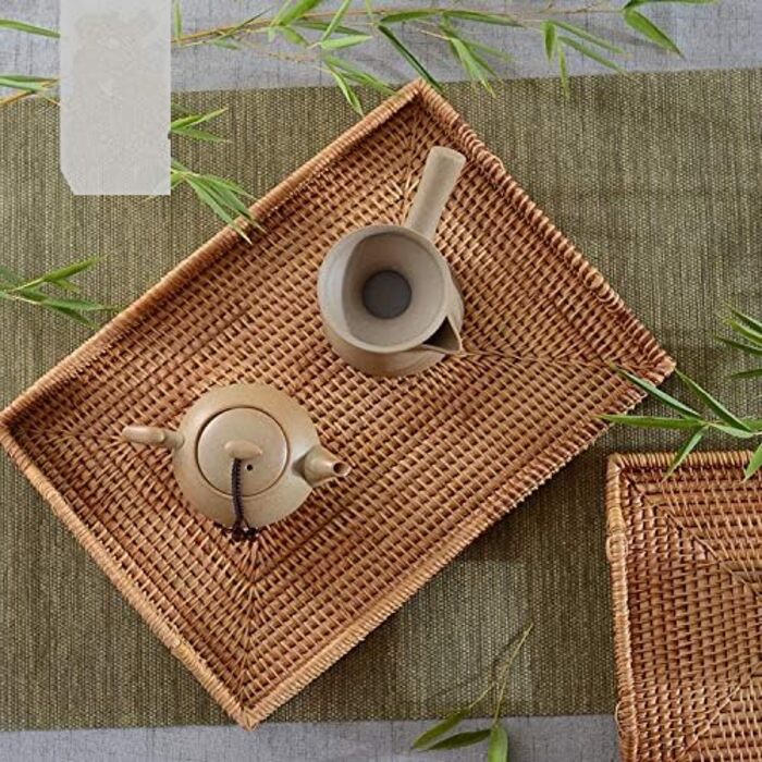 Rattan Serving Tray with Handles, Rectangular Tray from Rattan for Breakfast, Drinks, Snacks for Eating/Coffee Table (43 cm)