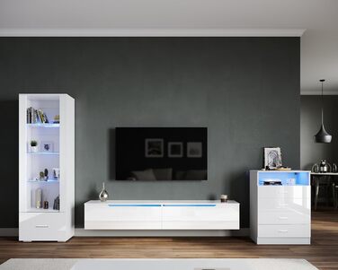 Підвісна тумба для телевізора SONNI, біла, з LED-підсвіткою, 180x35x30 см, глянцева, 12 кольорів, 2 шафки, для вітальні та спальні