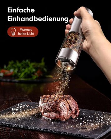 Електричні перечниці та солінки 2 в 1 з нержавіючої сталі, акумуляторні, з LED-підсвічуванням та регульованим керамічним жорном, з щіткою для чищення