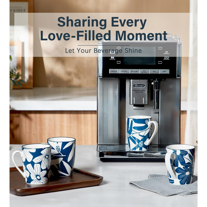 ONEMORE Coffee Mug Set of 4, 355 ml, Porcelain Coffee Cup with Handles, Blue Ceramic Mug for Latte, Cappuccino, Tea, Hot Chocolate, Microwave Safe, Dishwasher Safe, Scratch-Resistant