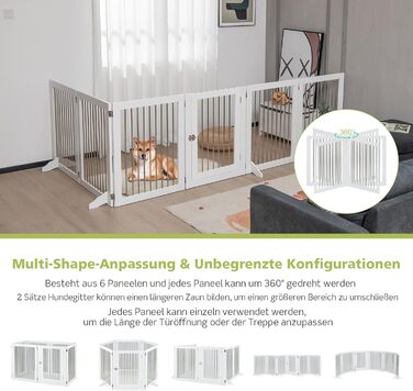 Захисне ґратка для собак COSTWAY, 6-секційне, з дверцятами, 80 см, з нержавіючої сталі та дерева, для каміну/сходи, біле